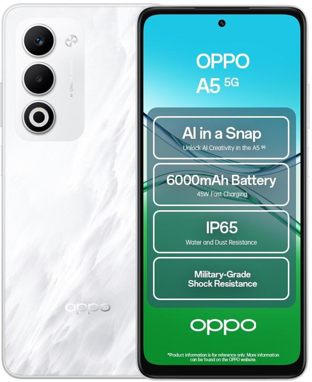 Смартфон Oppo A5 5G 4/128GB, Dimensity 6300, 6000 mAh, 50 MP, 120 Hz, бялна ниска цена с бърза доставка - BestPC.BG