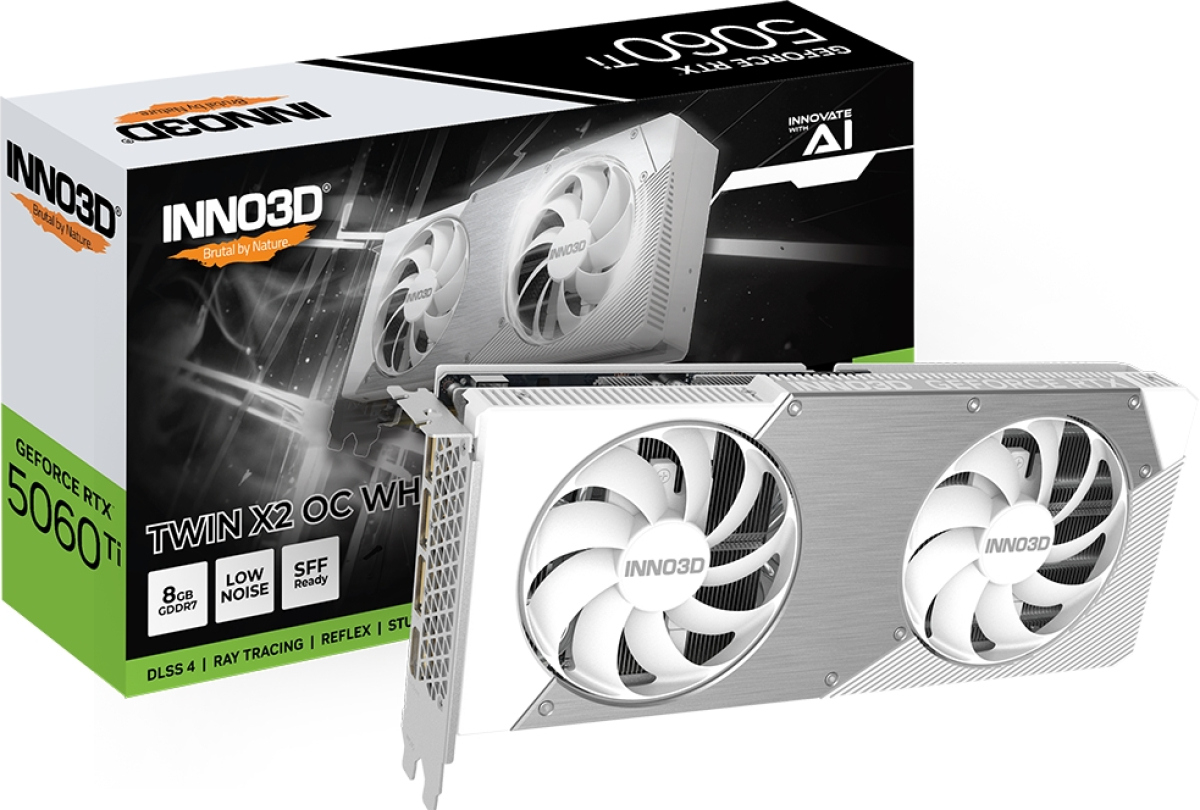 Видеокарта Inno3D GeForce RTX 5060 Ti 8GB GDDR7 X2 OC White, 128-bit, 3 DisplayPorts 2.1b, HDMI 2.1bна ниска цена с бърза доставка - BestPC.BG