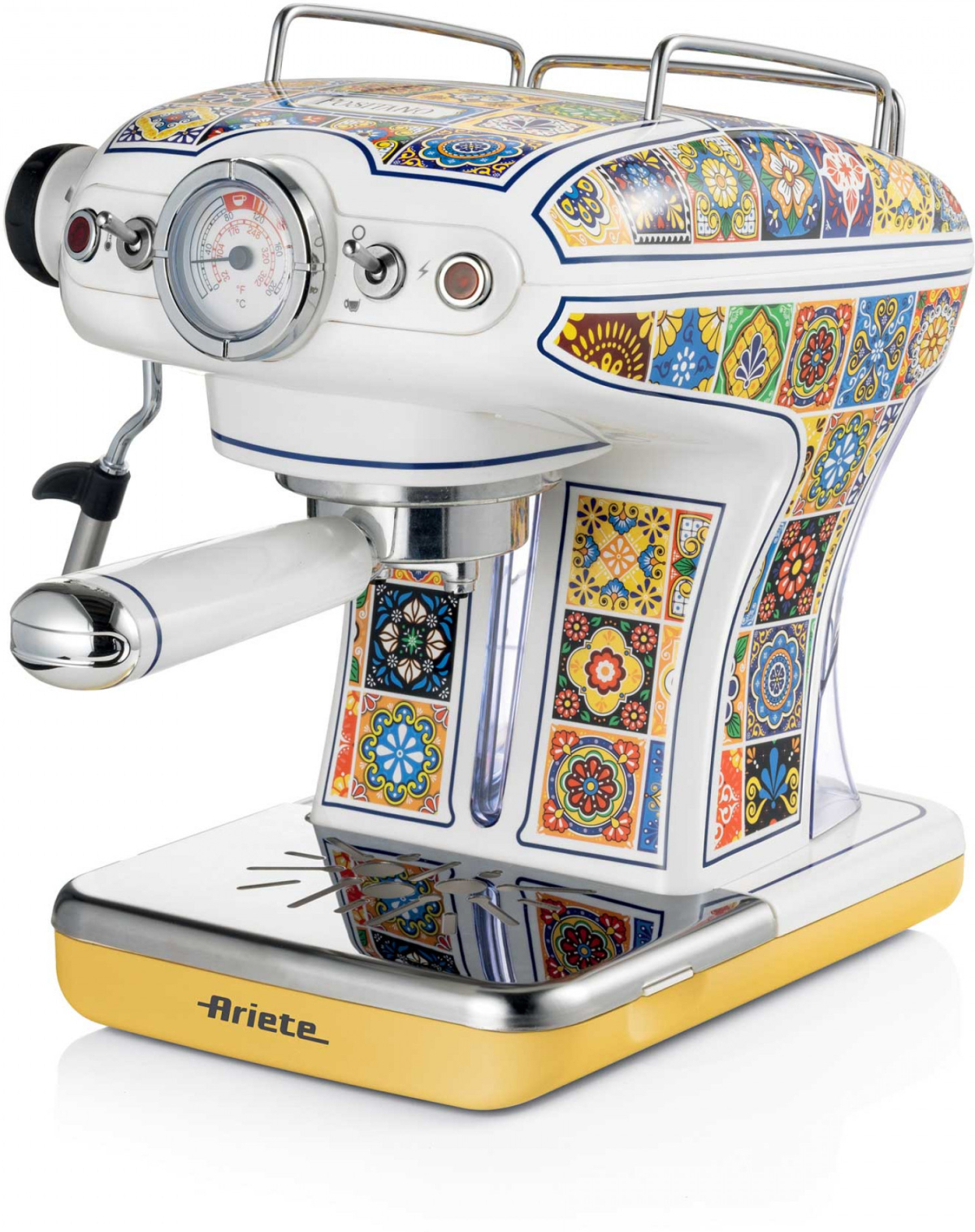 Кафемашина Ariete 1389/1P Positano, ръчна, за еспресо, 850 W, 15 bar, 0.9 л, 2 чаши, бял/жълтна ниска цена с бърза доставка - BestPC.BG