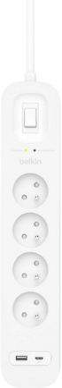 Контакт Защитен разклонител Belkin USB-A, USB-C и 4 гнезда с кабел 1М, Бял снимка 1