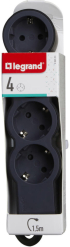 РАЗКЛОНИТЕЛ 4х ШУКО С КАБЕЛ 1,5м LEGRAND - ЧЕРНО/СИВ снимка 2