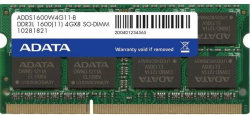 Памет Adata ADDS1600W4G11-S, 4GB DDR3L SoDIMM, 1600MHz, CL11, 1.35V