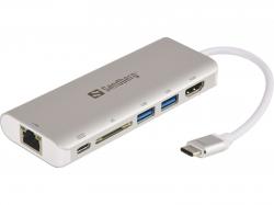 Докинг станция SANDBERG SNB-136-18 :: Докинг станция USB Type-C към HDMI+LAN+SD+USB, 100W