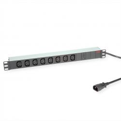Контакт за шкаф ROLINE 19.07.1629 : PDU за 19" шкаф, 8 x C13 - C14 M, 10A fused, алуминиев, 2.0 м