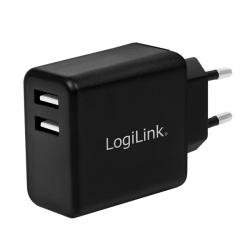 Кабел/адаптер USB Charger 2x, 2.4A, black, Logilink PA0210