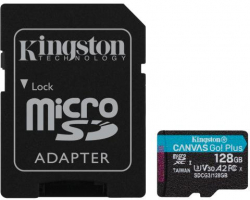 SD/флаш карта Kingston Canvas Go Plus microSDXC 128GB, UHS-I, Class 10, U3, V30, A2, Адаптер