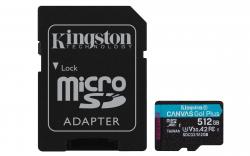 SD/флаш карта Kingston Canvas Go, 512GB, Клас 10, U3, 170 MB/s, SD адаптер, Черен