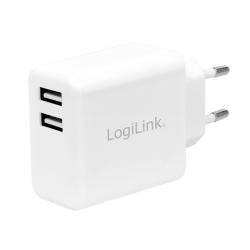 Кабел/адаптер USB Charger 2x, 2.4A, white, Logilink PA0210W