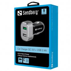 Кабел/адаптер SANDBERG SNB-441-10 :: Зарядно за кола, 1x QC 3.0 + 1x USB, 2.4A