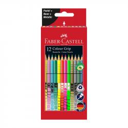 Канцеларски продукт Faber-Castell Акварелни моливи Grip, 12 пастелни, неонови и металикови цвята