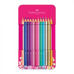 Канцеларски продукт Faber-Castell Цветни моливи Sparkle, в метална розова кутия, 12 цвята