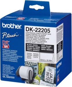 Касета за етикетен принтер Brother Непрекъсната хартиена лента DK22205, 62 mm x 30.48 m, бяла