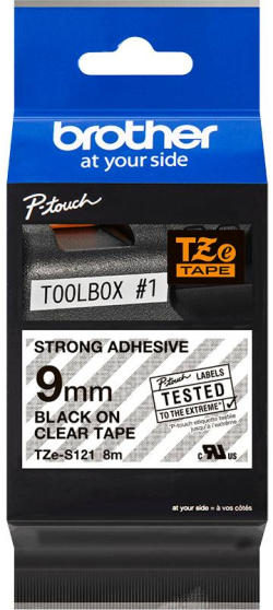 Касета за етикетен принтер Brother TZe-S121, черно на прозрачен фон, ширина 9мм