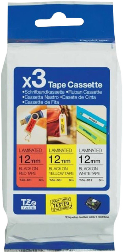 Касета за етикетен принтер BROTHER TZE31M3 tape cassette 12mmx8m 3 Pack TZ231 white black TZ431 red black TZ631 yellow black laminate