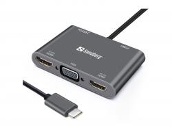 Докинг станция SANDBERG SNB-136-35 :: USB-C докинг станция, 2 x HDMI + VGA + USB + PD, 100W