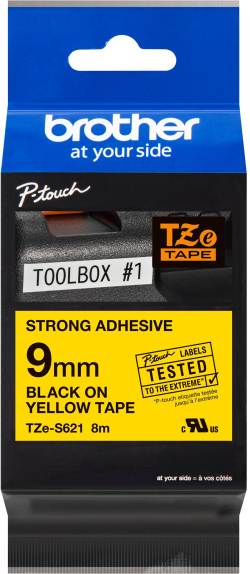 Касета за етикетен принтер BROTHER P-Touch TZE-S621 black on yellow 9mm extra gluey