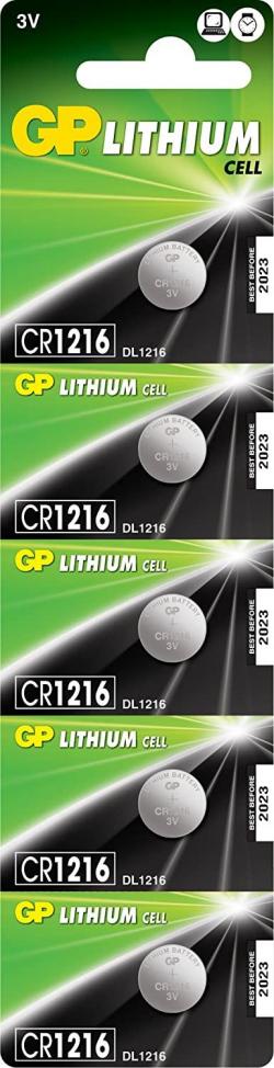 Батерия Литиева бутонна батерия GP CR-1216, 3V, 5 бр. в блистер, цена за 1 бр.