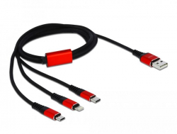 Кабел/адаптер Кабел за зареждане Delock  3 в 1, USB - Lightning- Micro USB- USB-C, 1м, Черен-Червен