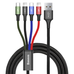 Кабел/адаптер Кабел Baseus USB-A към с microUSB-2x Lightning-USB-C, 1.2м, черен CA1T4-A01