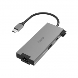 USB Хъб 5-портов хъб USB-C HAMA Multiport, 2 x USB-A, 1 x USB-C, 1 x HDMI, 1х LAN, Сив