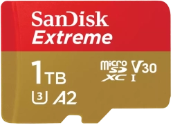 SanDisk Extreme microSDXC - 1 TB + SD адаптер + 1 година RescuePRO Deluxe, Скорости на четене/запис до 190MB/s и 130MB/s