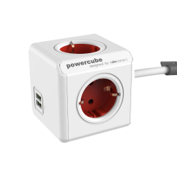 Контакт Allocacoc PowerCube Extended 1402RD разклонител, 4 гнезда, USB, 1.5м кабел, червен