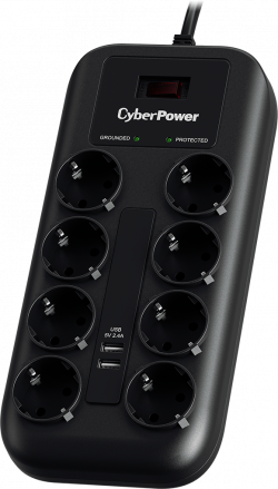 Контакт CyberPower Professional, 8x Schuko, 2x USB, 1.8 м. кабел, Черен
