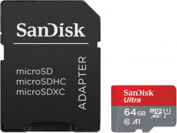 SD/флаш карта SanDisk Ultra microSDXC, 64GB, A1, UHS-I, U1, Class 10, 140MB-s, Адаптер