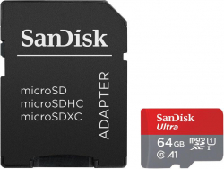 SanDisk Ultra microSDXC, 64GB, A1, UHS-I, U1, Class 10, 140MB-s, Адаптер