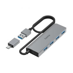 HAMA 4-портов хъб, USB 3.2 Gen 1, 5 Gbit-s, USB-C адаптер, авт. захранване