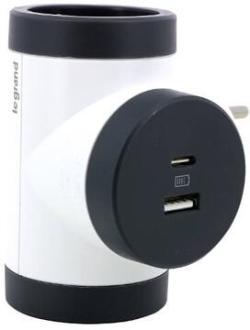 Контакт Адаптер 2x 2P+E Шуко, Т-образен, 2x USB тип A+C 3A 15W, въртящ, цвят Бял/тъмносив - Legrand Premium 694522