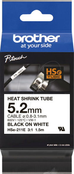 Касета за етикетен принтер Brother HSe-211E 5.2mm Black on White Heat Shrink Tape