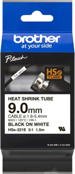 Касета за етикетен принтер Brother HSe-221E 9mm Black on White Heat Shrink Tape