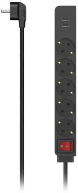 Контакт HAMA Разклонител, 5 гнезда, 2 x USB-A 17 W, 3400mA, 1.4м, 3680W, черен