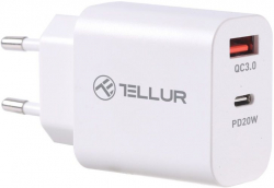 Принадлежност за смартфон Tellur PDHC101 стенно зарядно, 2 USB, PD 20W + QC3.0 18W, бяло