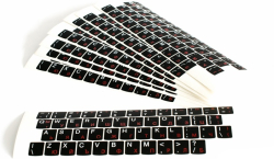 Лепенки с букви за клавиатура - БДС. Черен фон, червен цвят на кирилицата, бял на латиница. Стикери за клавиатура БДС.