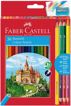 Канцеларски продукт Faber-Castell Цветни моливи Замък 36+6+1 цвята, с включена острилка