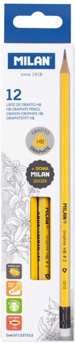 Канцеларски продукт Milan Молив Triangular, чернографитен, HB, с гума, жълт, 12 броя
