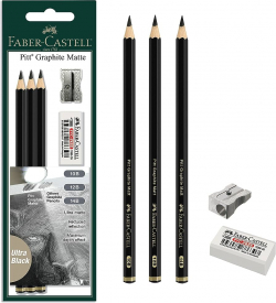 Канцеларски продукт Faber-Castell Моливи Pitt Graphite Matt, 10B, 12B, 14B, с гума и острилка