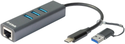 USB Хъб D-LINK USB-C-USB to Gigabit Ethernet Adapter with 3 USB 3.0 ports