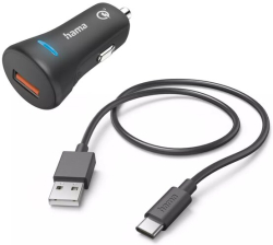 Принадлежност за смартфон Зарядно за кола HAMA 12-24 V -USB-C 3A, Qualcomm Quick Charge 3.0, 1 м, черен
