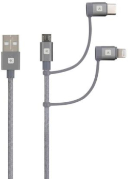 Кабел Skross 3 в 1, USB-A - USB-C- Lightning- Micro USB , Метална оплетка, 0.3 м
