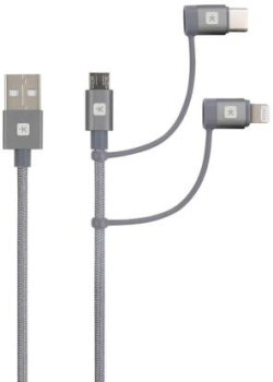 Кабел/адаптер Кабел Skross 3 в 1, USB-A - USB-C- Lightning- Micro USB , Метална оплетка, 1.2 м