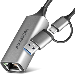 Мрежова карта/адаптер AXAGON ADE-TXCA, USB 3.2 Gen 1, 10/100/1000 Mbit/s, 15 cм кабел, Метален, Сив