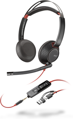 Слушалки HP Poly Blackwire 5220 стерео - 10 dB SLR, 32 ома, USB слушалка + USB-C / A адаптер; 8X231AA, Черни