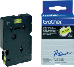 Касета за етикетен принтер Brother TC-691, черно на жълт фон, ширина 9мм, за Brother P-Touch PT-2000/PT-3000