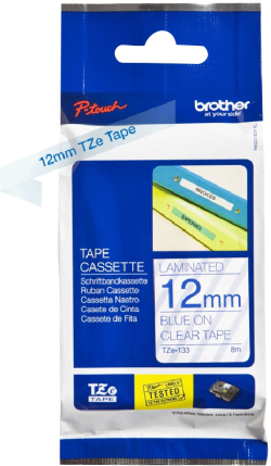 Касета за етикетен принтер BROTHER TZE133 12mm BLUE ON CLEAR