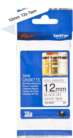 Касета за етикетен принтер BROTHER TZEN231 12mm BLACK ON WHITE ADHESIVE TAPE NON LAMINATED