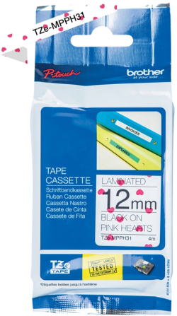Касета за етикетен принтер BROTHER TZe-MPPH31 tape black-heart pattern 12mm-4m