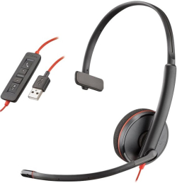 Слушалки Poly Blackwire C3210, с кабел, върху ухо, с микрофон, черен цвят
